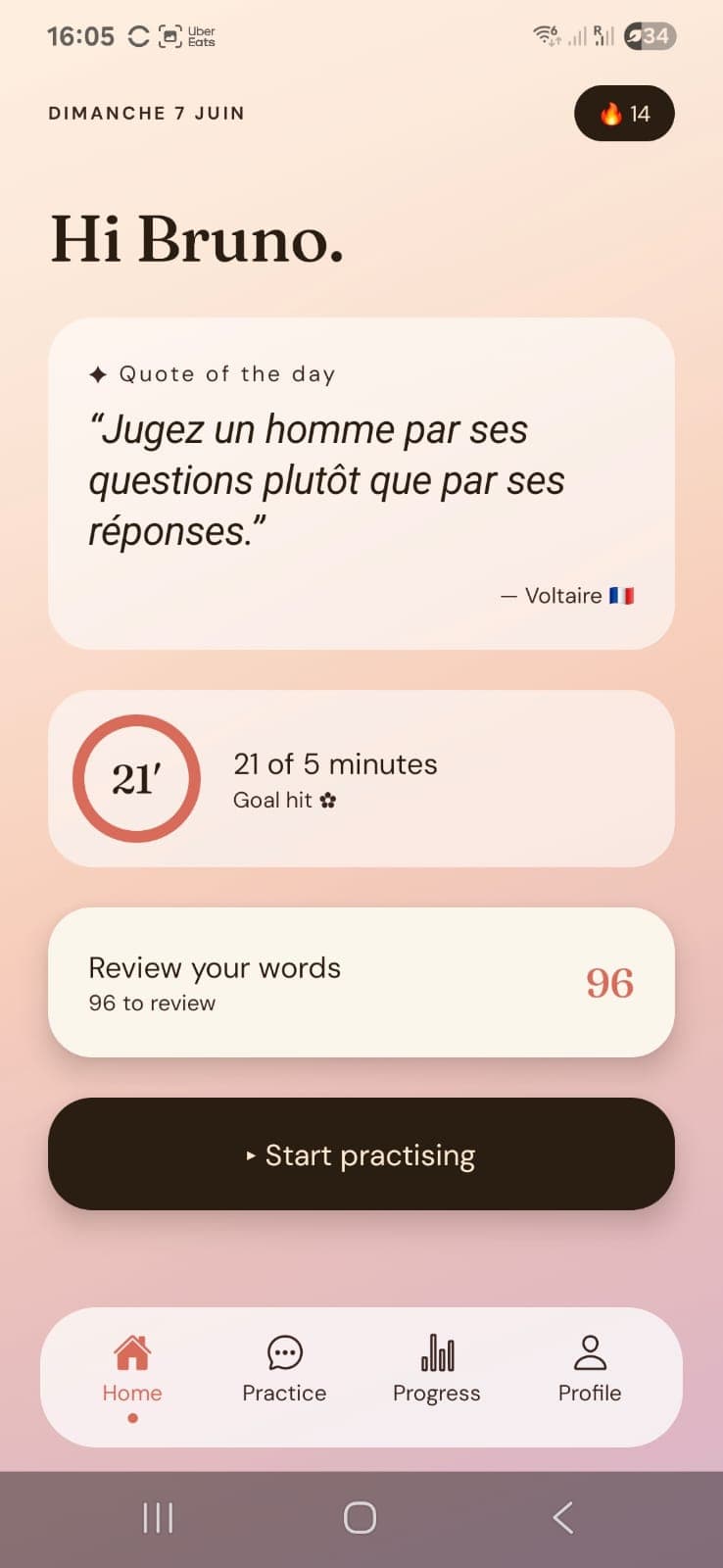 Home screen with daily goal and words to review