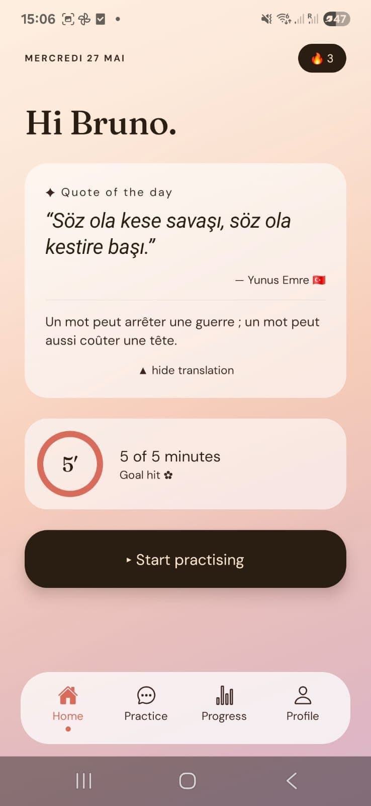 Home screen showing daily practice
