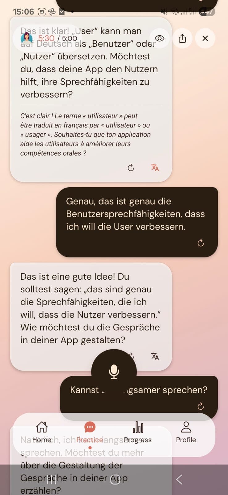 Practice screen showing live conversation